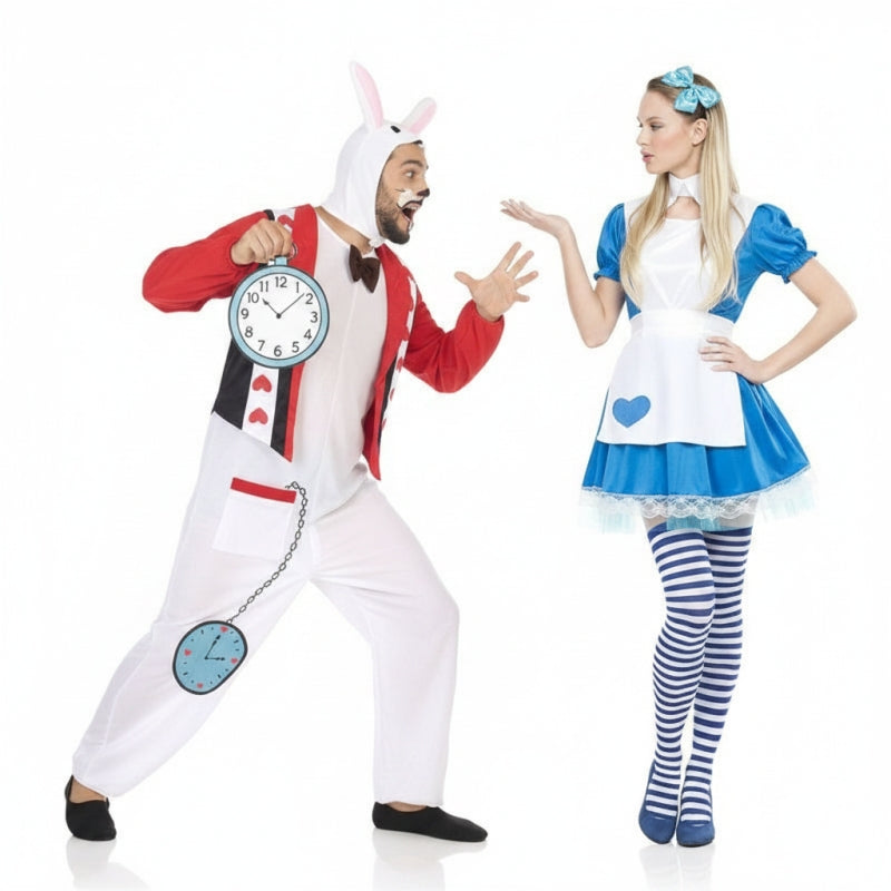 Koppelkostuums Sexy Alice en Witte Konijn met horloge