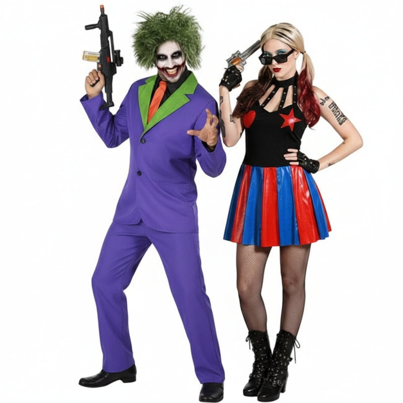 Pareja de Payaso alocado y Arlequina Villana