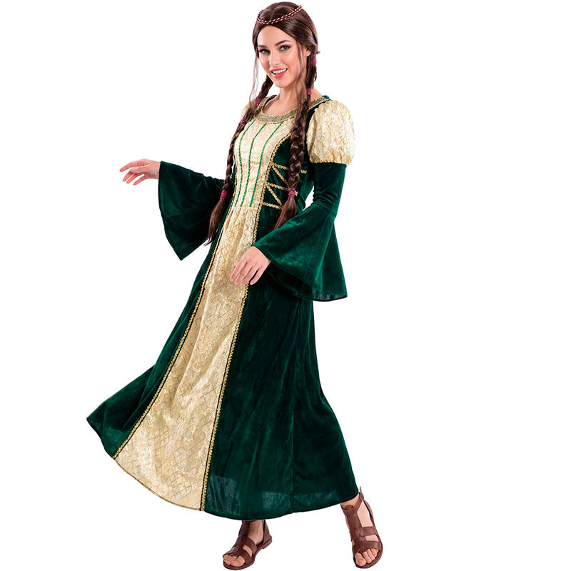 Disfraz de Dama Medieval Verde y Dorada para mujer perfil